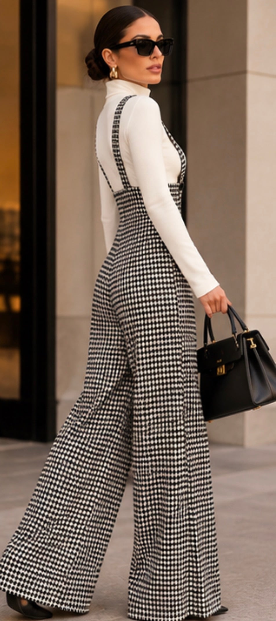 Maison Veloura Houndstooth Wide-Leg Suspender Jumpsuit